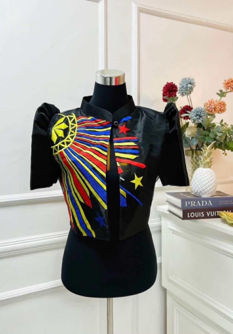 Filipiniana Bolero with Philippine Flag-Inspired Embroidery – Black Satin Short Sleeve